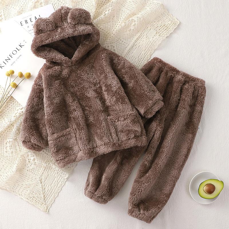 Herbst Winter Baby Kleidung Set Warme Fleece Mit Kapuze Pullover Hosen Kinder Jungen Sets Kleidung Hause Freizeit Tragen Kleinkind Mädchen Outfit 100cm braun