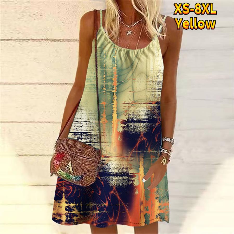 Frauen Blume Bunte Tinte Gedruckt Mini Kleid Ärmelloses Party Kleid Sommer Strand Kleid Sommerkleid 8XL gelb