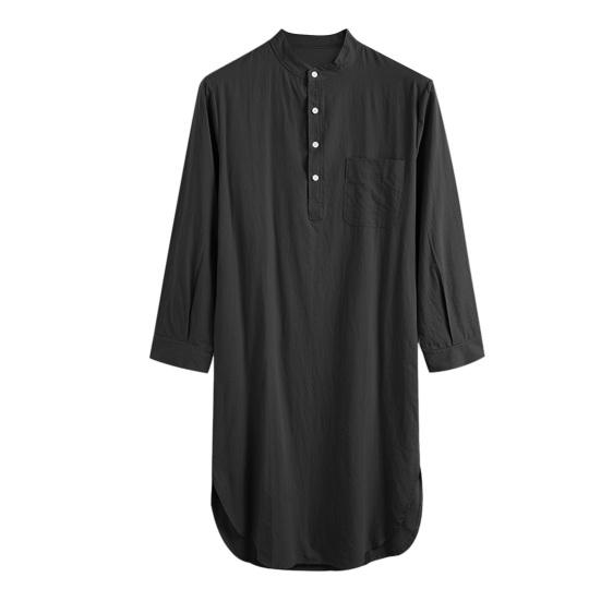 Herren-Pyjama-Hemd, langärmelig, einfarbig, vielseitiges Nachthemd, tägliches Tragen, Knopf-Design, Hemd für Herren 2XL schwarz