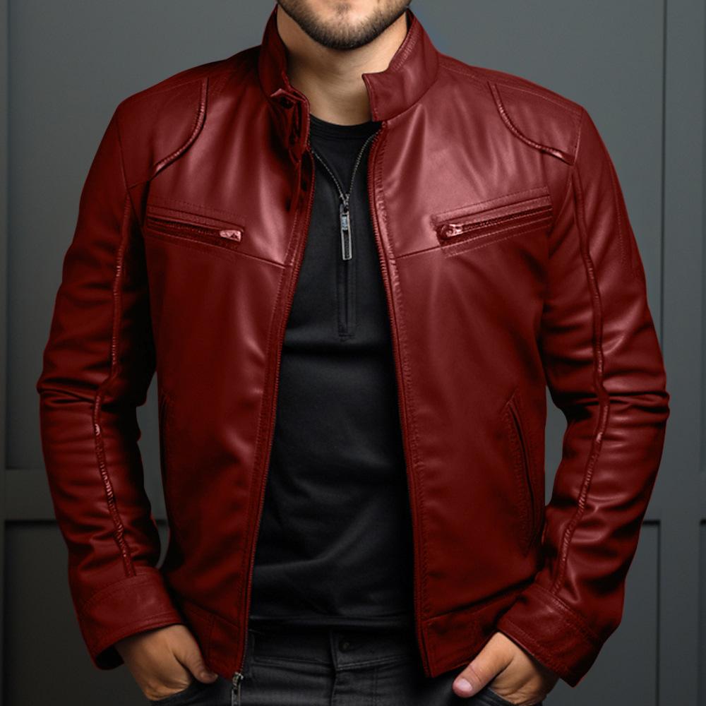Herren Business Lederjacke für Frühling und Herbst, Modische Stehkragen Freizeit Lederjacke für Herren M wein rot