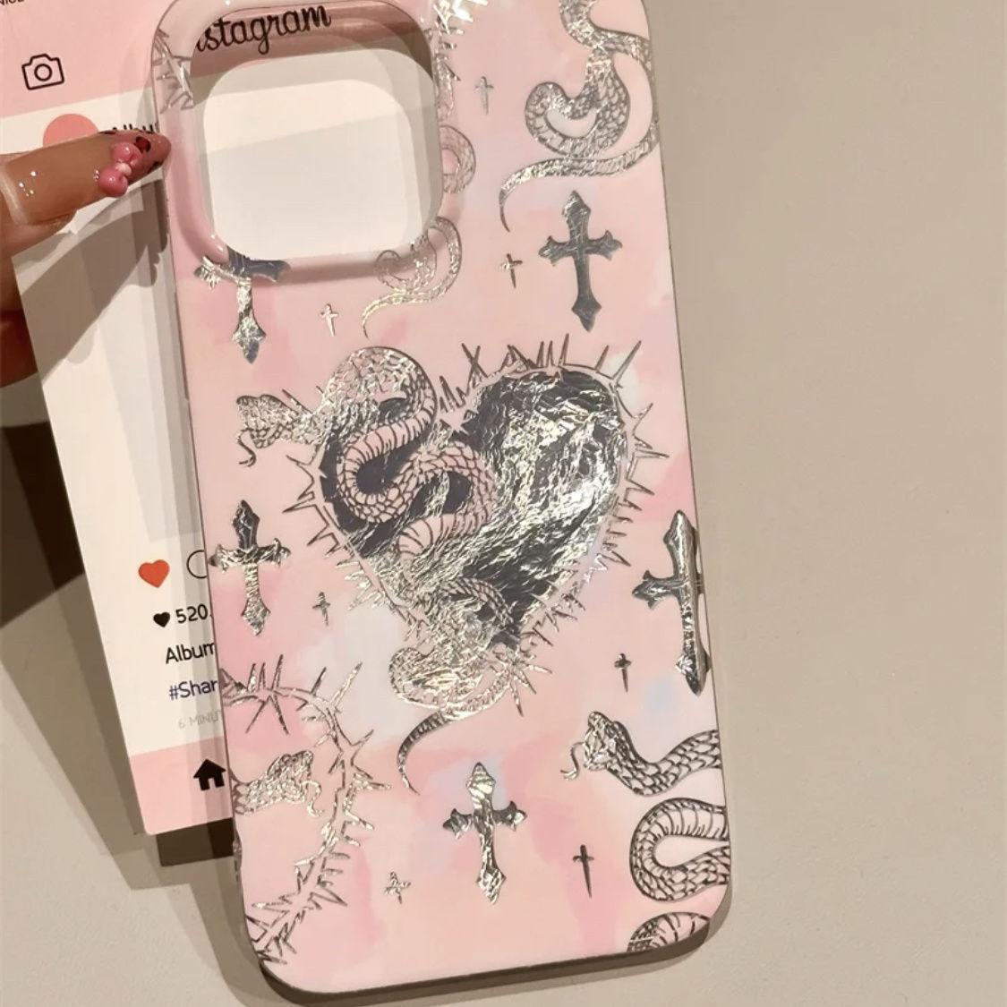 Dunkler Stil Kreuz und Schlange Handyhülle für Apple iPhone 16 Pro Max - Weiches Silikon Stoßfest Kreativ Vollständige Abdeckung für iPhone Apple 11 rosa