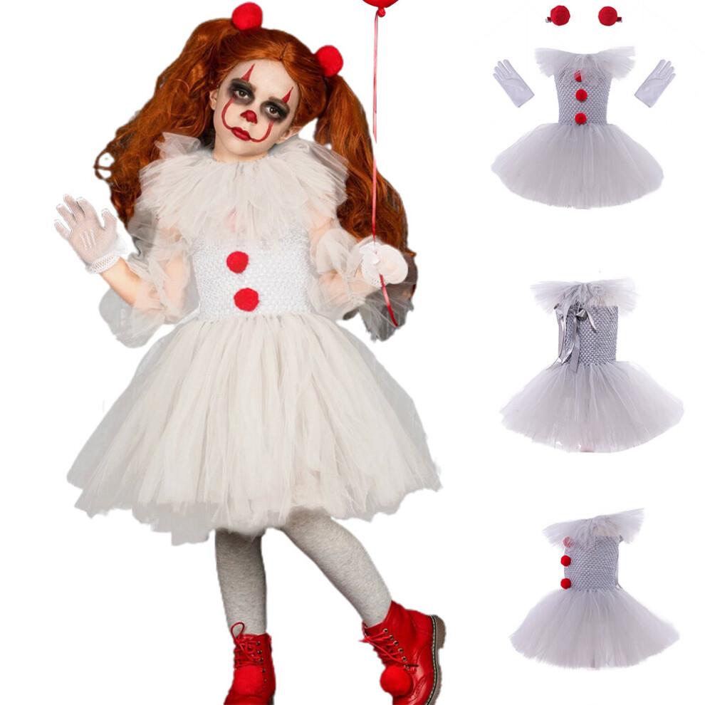 Pennywise Kostüm Kinder Mädchen, Halloween Clown IT Cosplay Tutu Kleider Mit Handschuhen Und Roter Haarspange, Kinder Faschingskostüme 2-3 Years gray