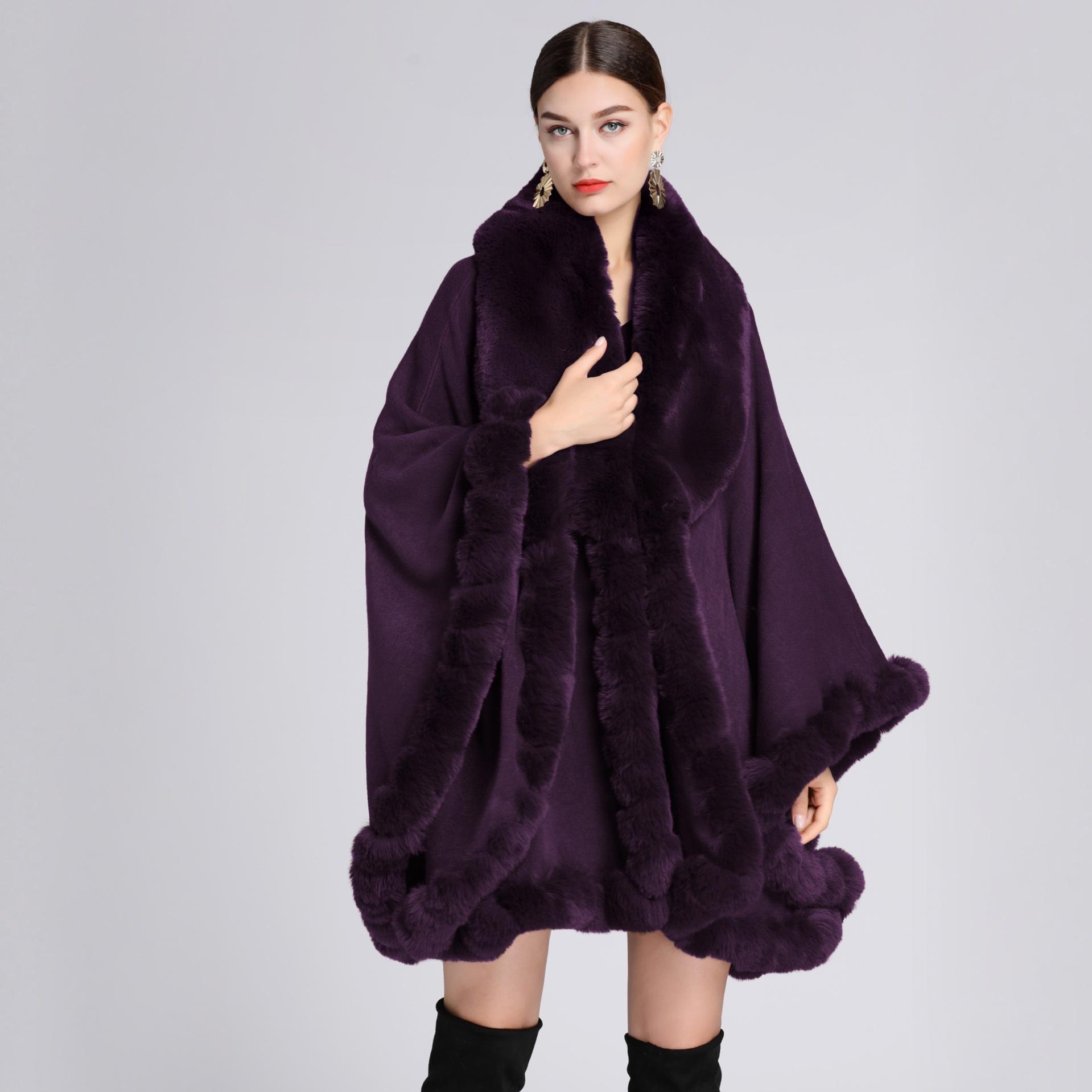 Eleganter V-Revers-Faux-Rex-Kaninchen-Pelz-Mantel-Umhang-Winter-Frauen-großer langer Schal-voller Trim-Pelz-Strickmantel-Mantel-großer Parka One size violett