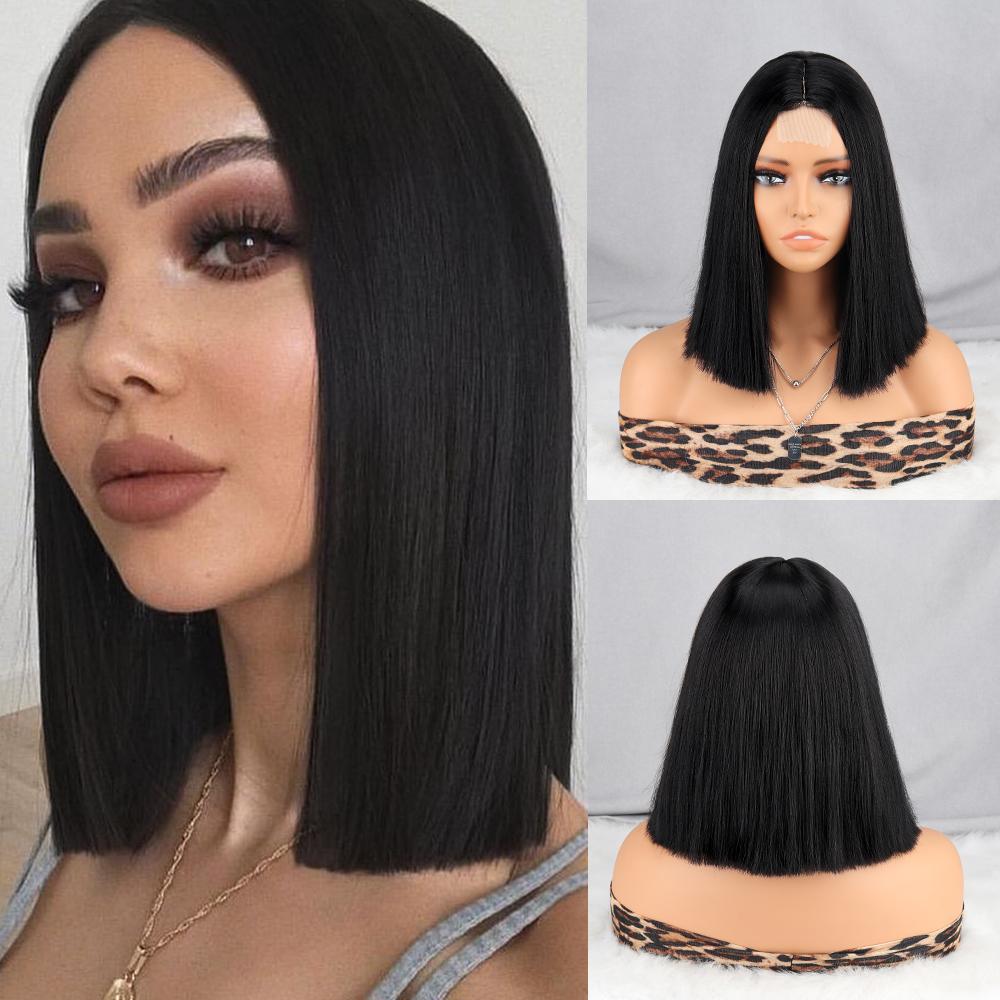 MISS WIG Schwarze Lace-Front-Perücken für Frauen Kurze glatte Bob-Perücken Alltagskleidung Hitzebeständige Faser Cosplay Partyperücken 30cm