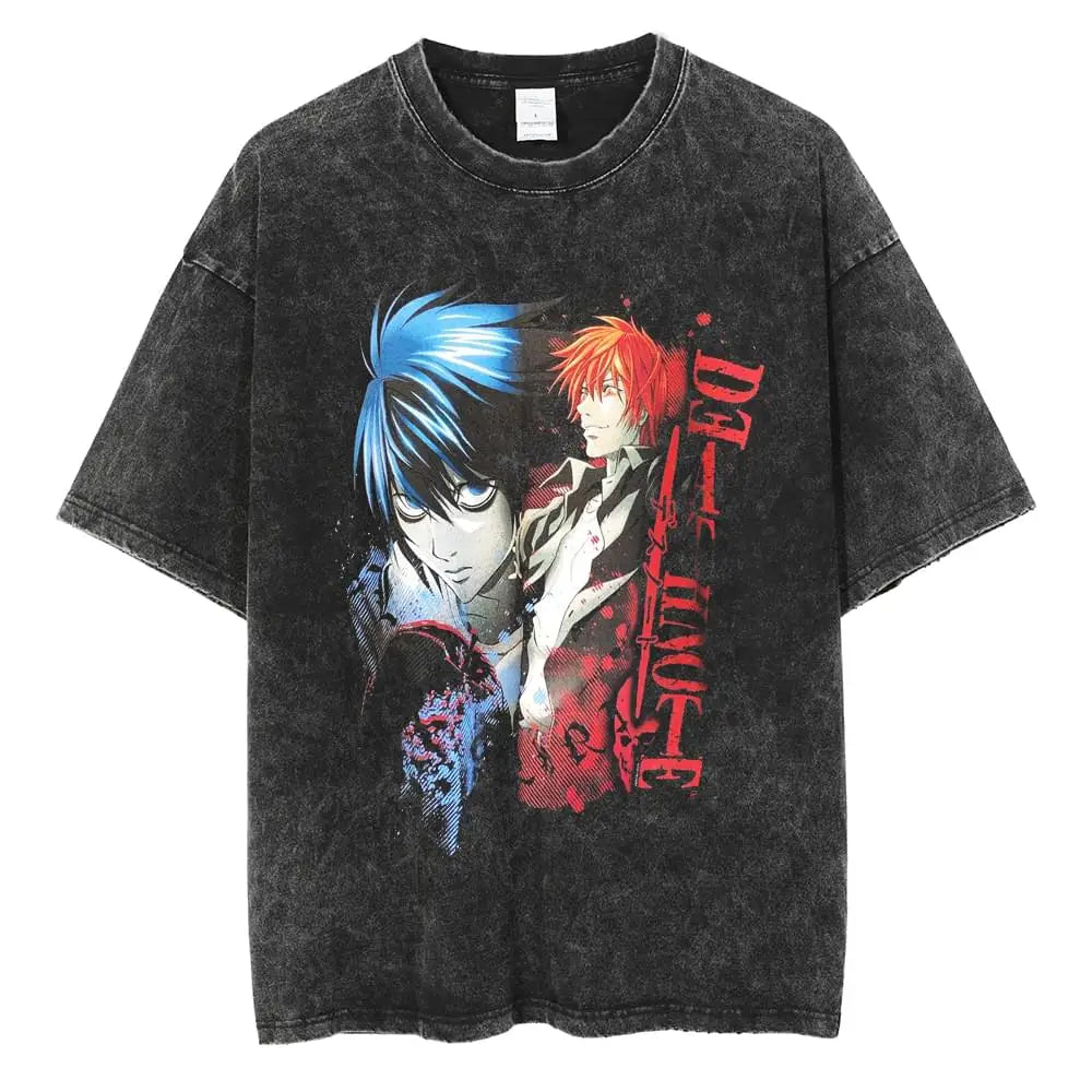Klassisches Japanisches Anime Death Note Print T-Shirt Herren Gewaschen Übergroß Retro Streetwear Baumwolle Kurzarm Kleidung Lässig Locker Damen Herren Kleidung XXXL orange