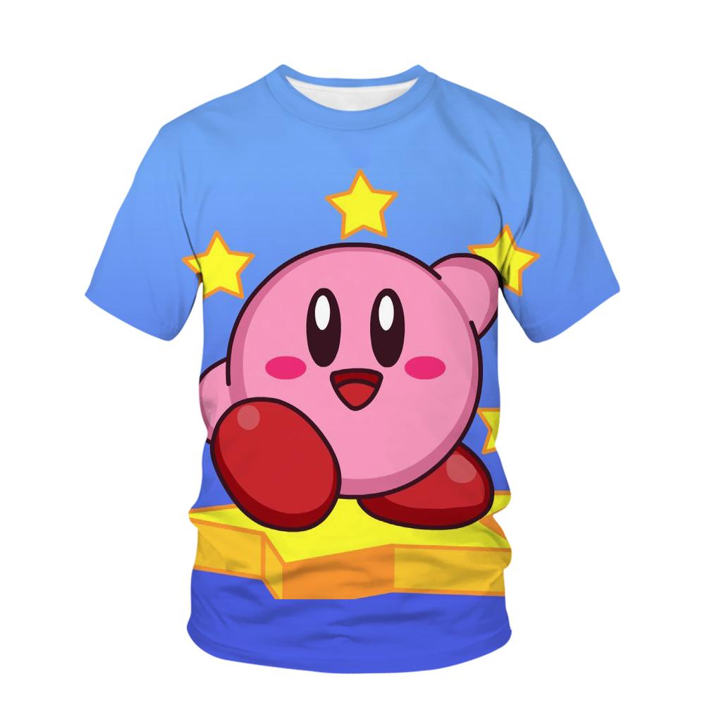 Neues Spiel Anime Kirby T-Shirt Kinder Kawaii Lustiges Sommer-Cartoon 3D-T-Shirt für Jungen und Mädchen Kinderkleidung Unisex Kurzarm 130 cm