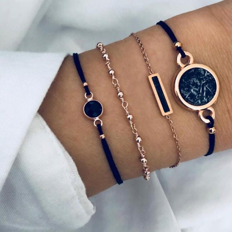 Boho Rundes Marmoranhänger Armband Set Für Damen Geometrisch Schwarze Schnur Seilkette Armreif Weiblicher Böhmischer Schmuck Geschenk brown