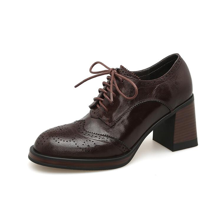 Mode Neue Frühling Echtleder Damen Schuhe Runde Zehen Damen Pumps Brogue Designs Schuhe für Damen Hoher Absatz Schnürung Loafer Damenschuhe 36 braun