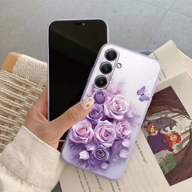 Luxuriöse Blumenhülle für iPhone Samsung A55 A35 S24 FE S25 Xiaomi Redmi Note 13 Pro 14C Huawei Honor Stoßfeste Handy-Stoßstange Kratzfeste matte Hülle Samsung Galaxy Note 10 violett