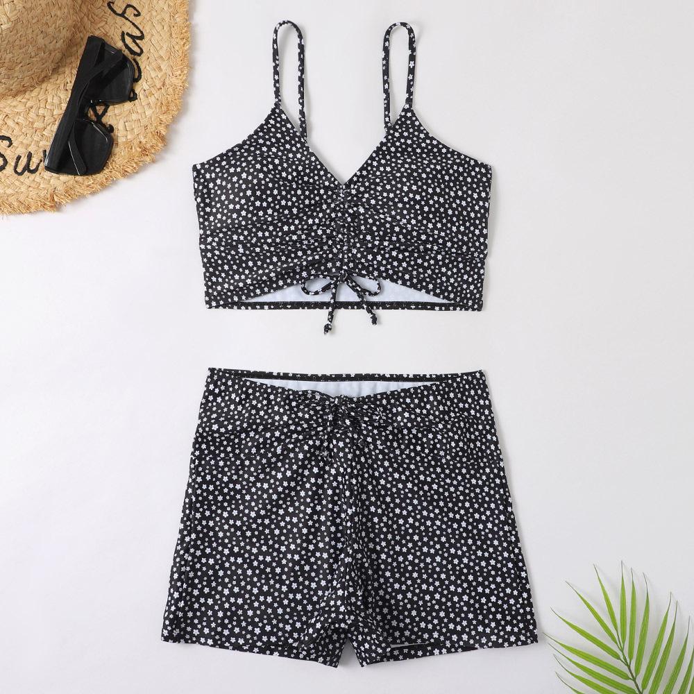 High Waist Bikini Badeanzug Damen Push Up Bikini Floral Badeanzug Print Bikini Boxers Bademode Badehose Badeanzug S schwarz