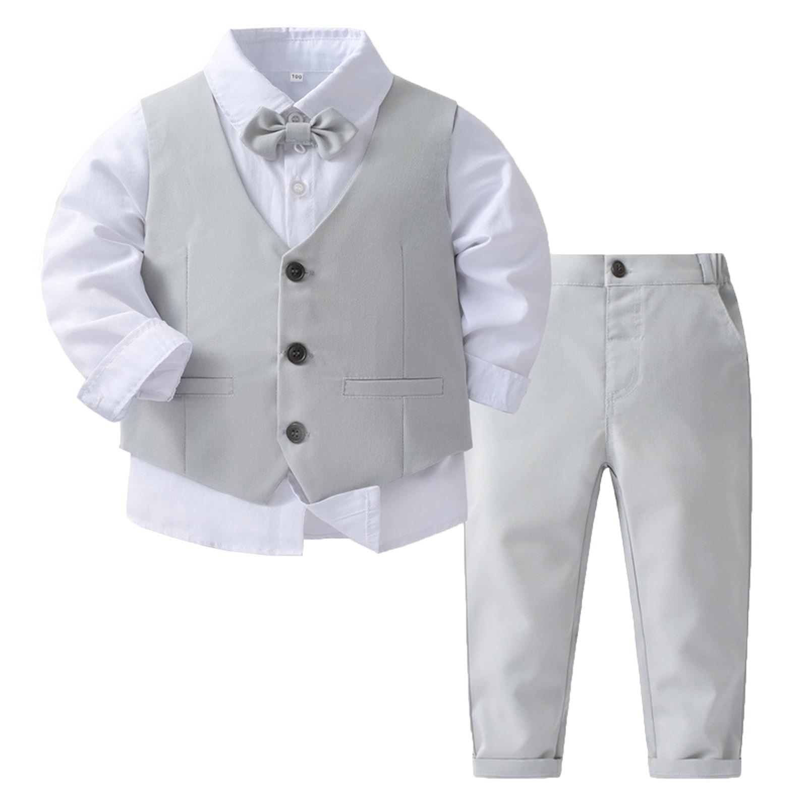 Jungenanzüge Gentleman Smoking Fliege Hemd Anzug Weste Hose 3-teilig Schicke Kleinkind Babykleidung für Taufe Geburtstagsfeier 4-5 Years grau