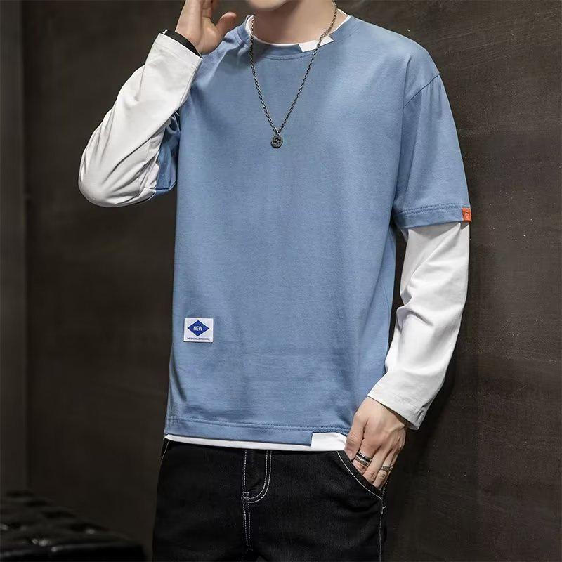 Langarm-T-Shirt Unterhemd Herren Frühling Koreanische Version des Fake-Zweiteilers Rundhals Slim Herbstkleidung Herren T-Shirt Kleidung Herren L blau