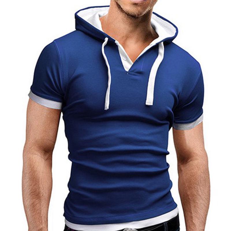 Sommer Herrenmode Slim Fit Kurzarm Tops Einfarbig Kapuze Muscle Casual Basic T-Shirt M blau