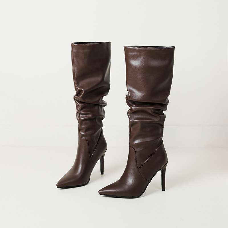 Lenkisen PU Herbst Winter Schuhe Spitz Zehenbereich Super Hohe Absätze Reitstiefel Plissiert Warm Halten Mode Kniestiefel 35 braun