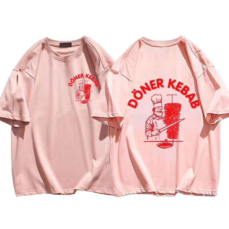 Sommer sportliche T-Shirts Döner Kebab Druck reine Baumwolle Unisex Kleidung Kurzarm Tops lustige Frauen T Shirt Vintage übergroße T-Shirts XXXL rosa