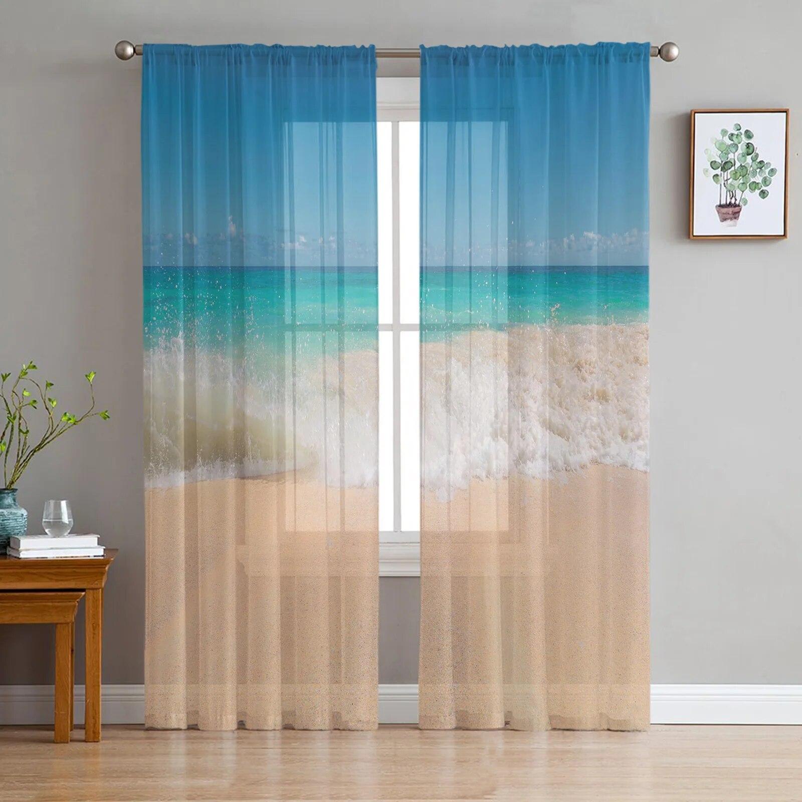 Meer Strand Schrittweise Blau Khaki Voile Gardinen Für Wohnzimmer Fenster Chiffon Tüll Vorhang Küche Schlafzimmer Vorhänge Wohnkultur 135W x 114H(cm)