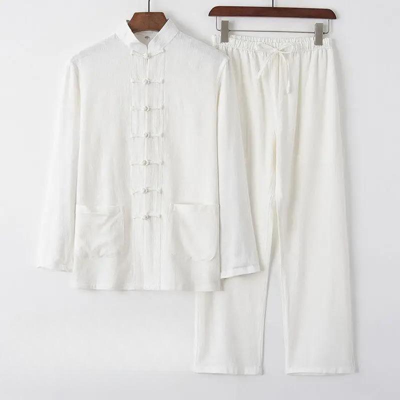 Herren Baumwolle Leinen Tang Anzug Langarm Set Retro Knopfleiste Herrenbekleidung Mittleren Alters und Ältere Locker Tai Chi Anzug L weiß