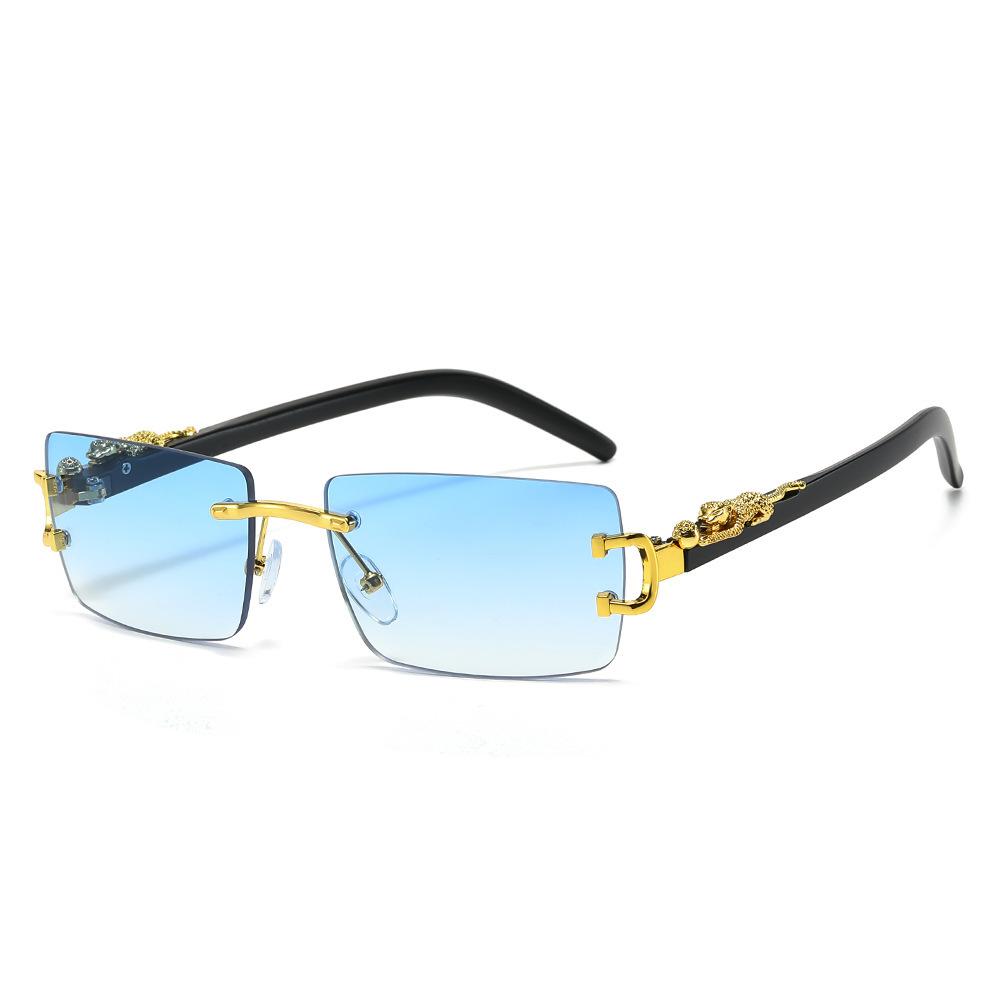 Modische randlose Sonnenbrille Damen Herren Geparden-Dekoration Rechteckig Marken-Designer Sonnenbrille blau