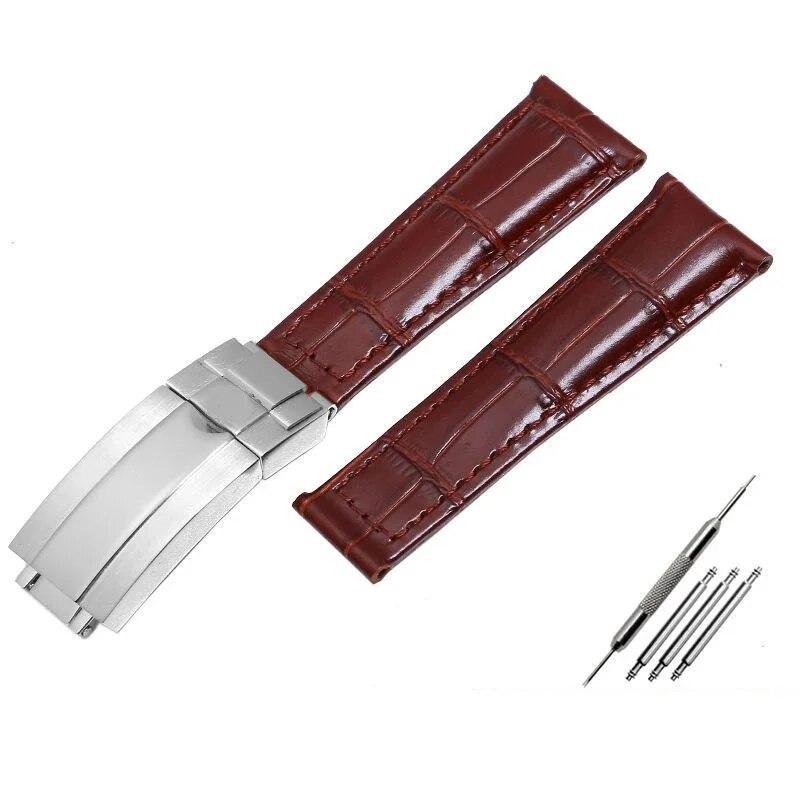 Krokodilmuster Echtleder Uhrenarmbänder 20mm für Rolex Uhrenarmband Daytona Submariner GMT RX Armband Faltschließe Brown-silver 20mm With logo brown