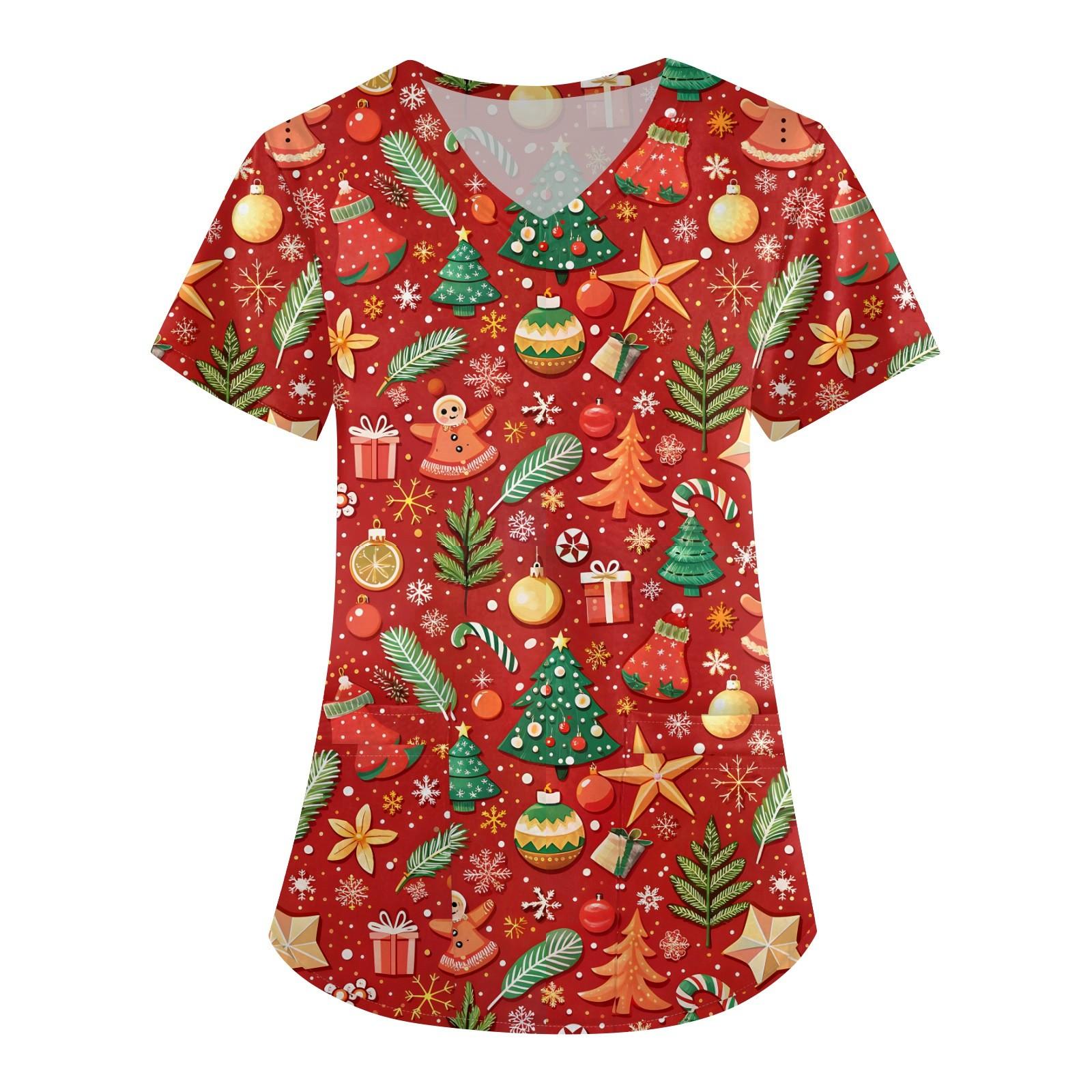 Damenmode V-Ausschnitt Kurzarm Arbeitskleidung mit Tasche Weihnachtsdruck Top XL rot