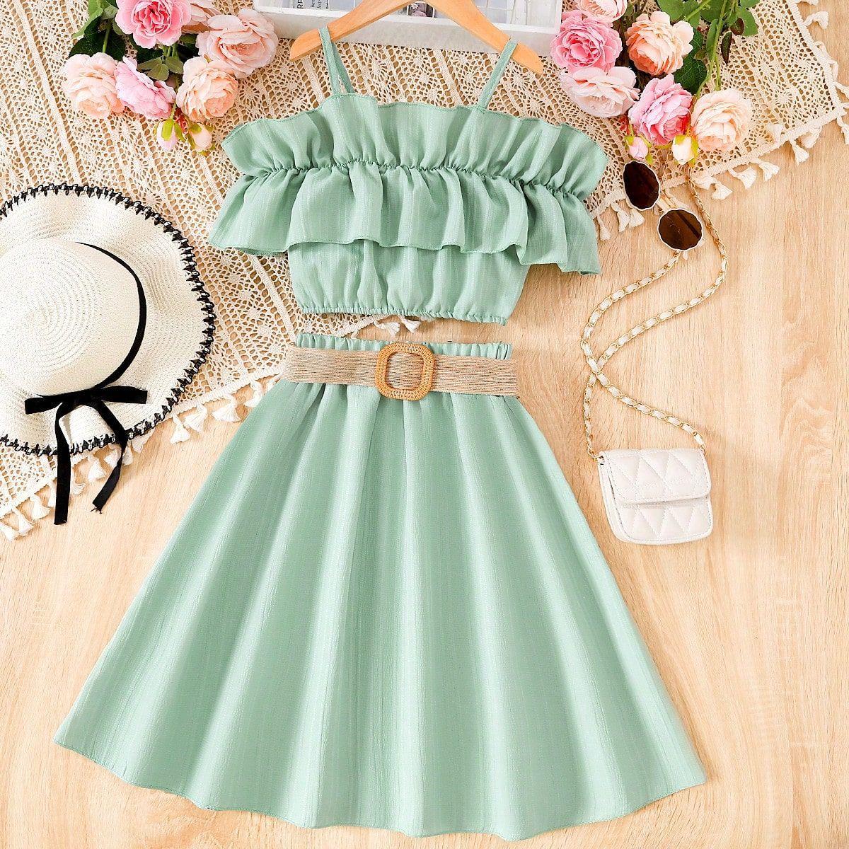 Neues Sommer-Mädchen-2-teiliges Set Spaghettiträger Schmal geschnittenes Kleid 8-12 Jahre Kinderkleidung Oberteile+Röcke 11-12Y