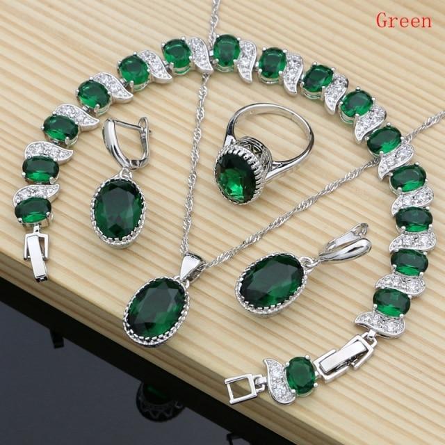 Natürlicher 925er Silberschmuck, roter Geburtsstein, Charm-Schmuckset für Damen, Ohrringe/Anhänger/Halskette/Ring/Armbänder 6 grün