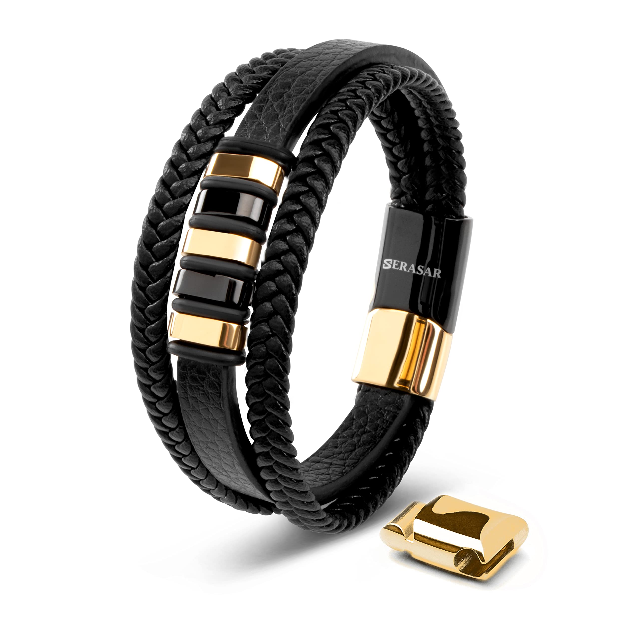 Lederarmband für Herren 23cm Gold Armband Geschenkbox Echtes geflochtenes Rindsleder Verstellbarer Magnetverschluss Wickel Seil Jungen Band Schmuck Magnetisch gold