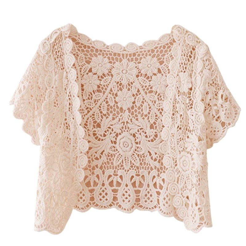 Damen-Cardigan mit offener Vorderseite, Quasten, Spitze, bauchfrei, durchsichtig, geblümt, gehäkelt, kurzärmelig, Bolero-Jacken für Kleider apricot