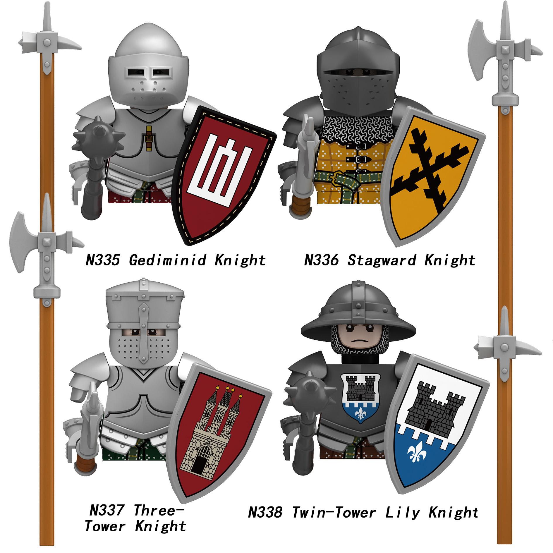 MOC Mittelalterliche Burgturm Ritter Figuren Bausteine Waffen Schild Schwert Helme Rüstung Weste Hirsch Soldaten Armee Steine Spielzeug rosa