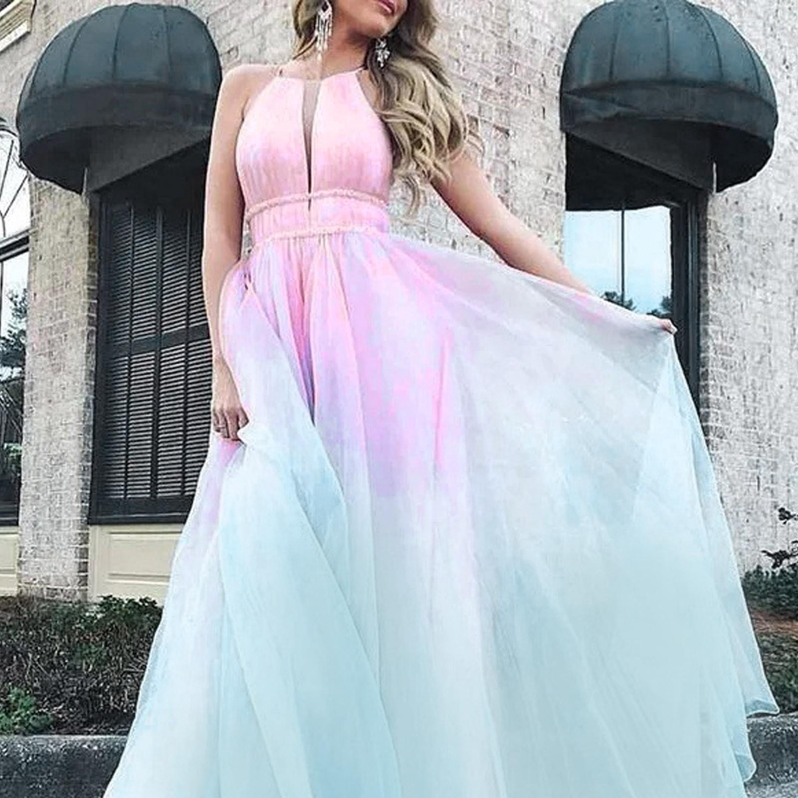 Damen Sexy rückenfreies Abschlussball-Abendkleid mit Reißverschluss und Farbverlauf, ärmelloses Kleid L