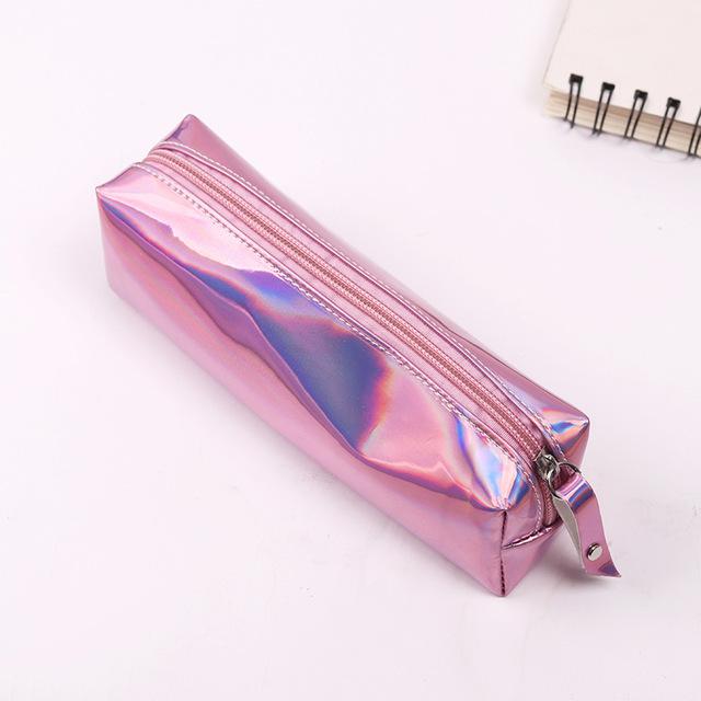 Schillerndes Laser-Federmäppchen, hochwertiges PU, Schulbedarf, Schreibwaren, Geschenk, Bleistiftbox, Schulutensilien rosa