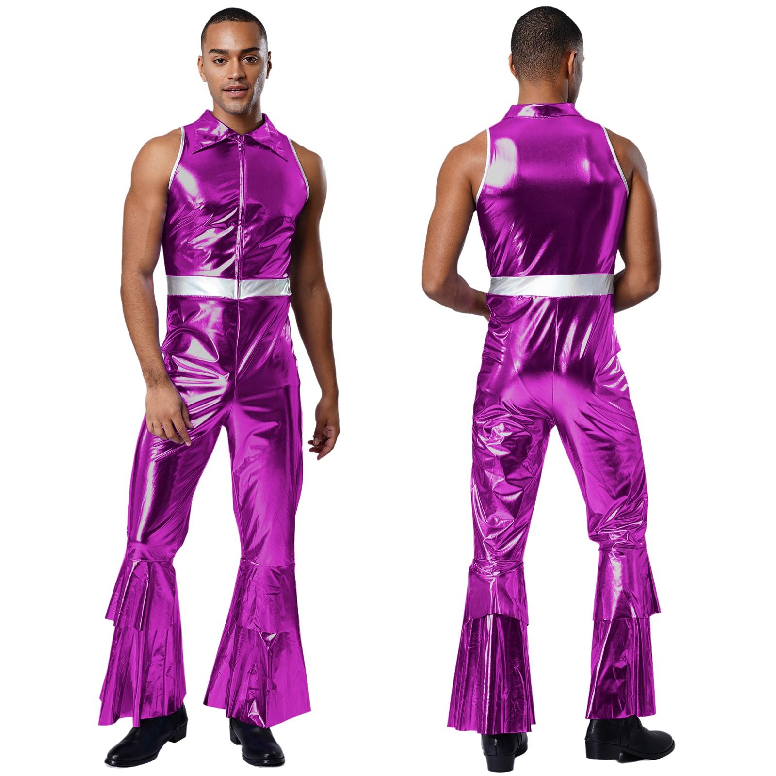 Herren 70er Jahre Disco Kostüm Reverskragen Ärmellos Hohe Taille Schlaghose Jumpsuit Tanz Sänger Kostüm M violett