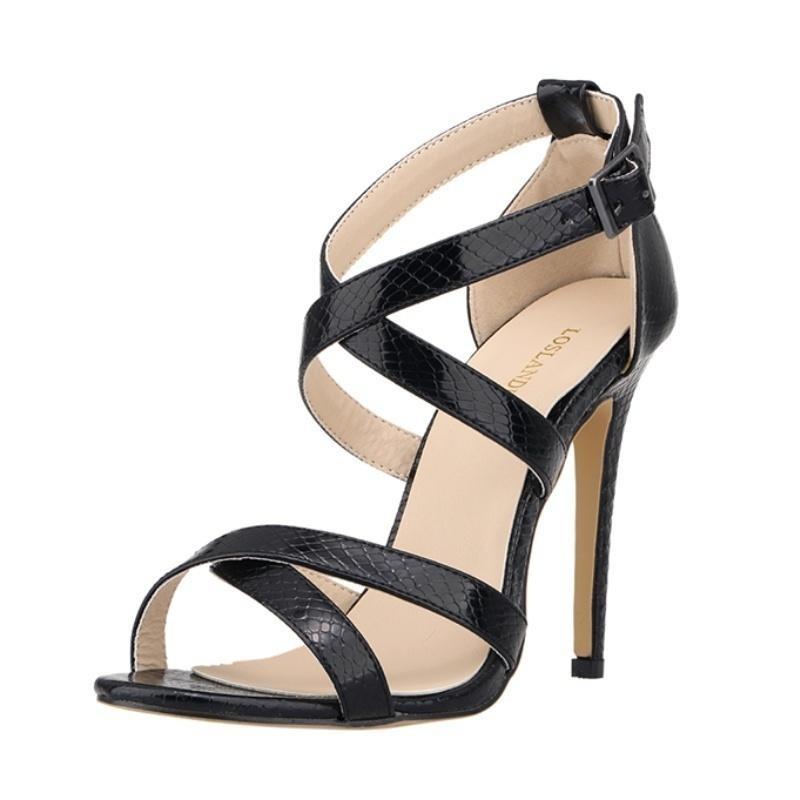 Loslandifen Frauen Schnalle High Heels Sandalen Krokodil Sexy High Heels Sandale Stiletto 11cm Party Hochzeit Schuhe Frau Pumps 36 schwarz