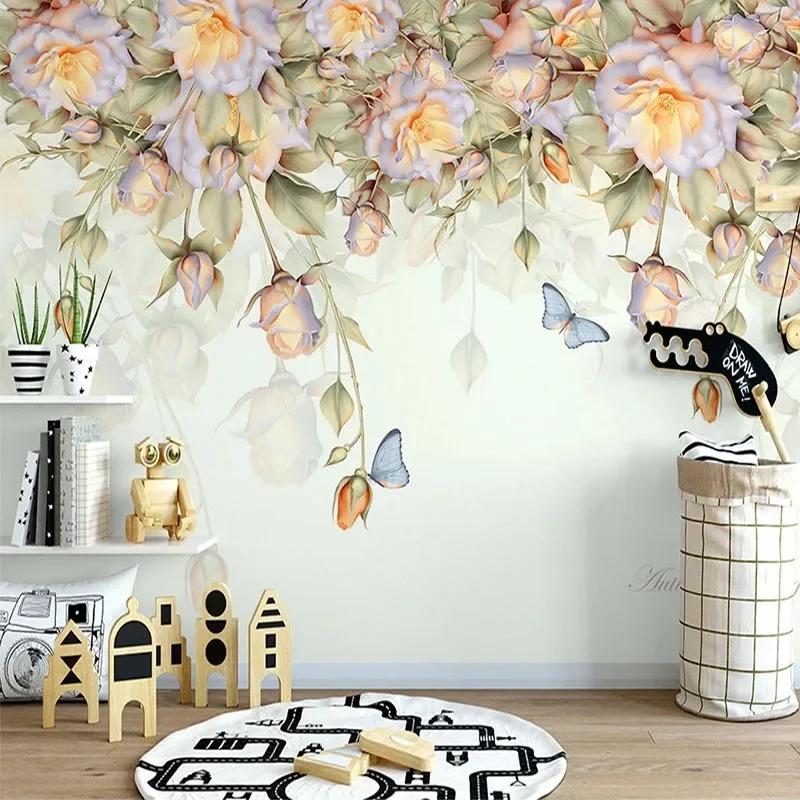 Tapete Europäisches handgemaltes Ölgemälde mit Rosen und Schmetterlingen, Wandbild für Wohnzimmer, Fernseher, Sofa, Schlafzimmer 425 cm(W) x 300cm(H)