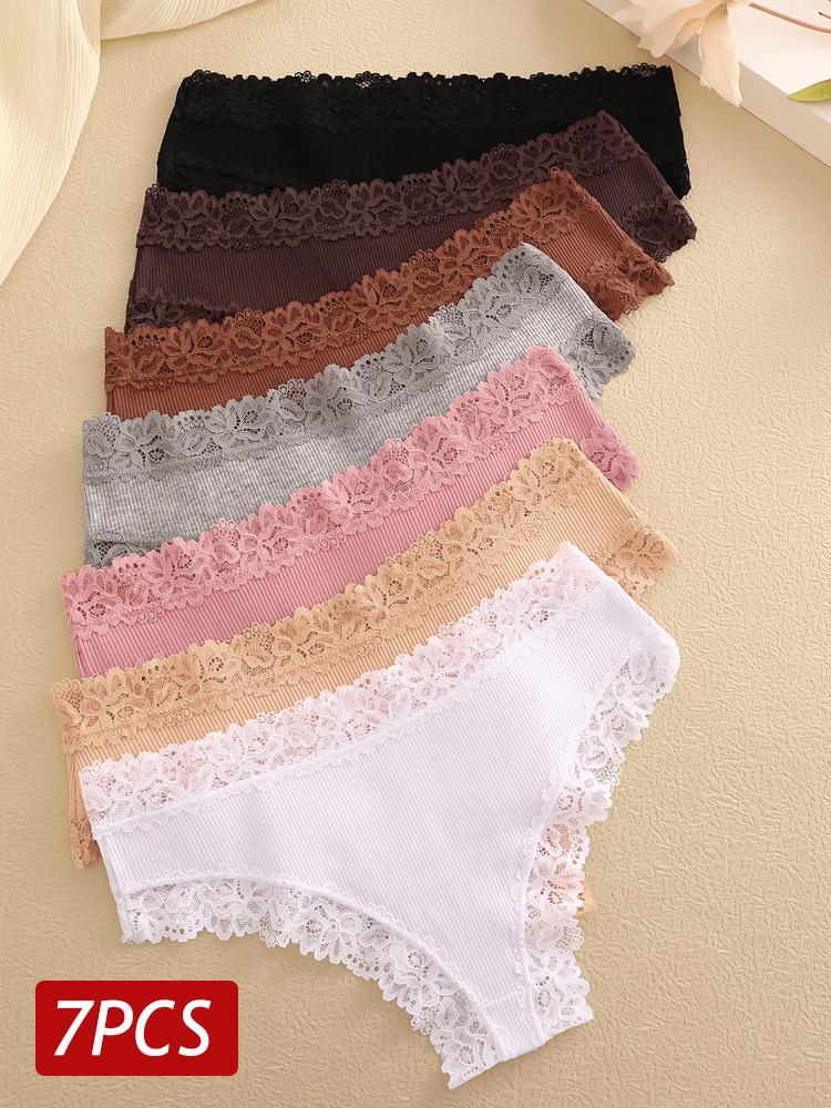 7 Stück/Set Damen Sexy Spitze Slips Nahtlose Baumwolle Brasilianische Slips Mädchen Atmungsaktive Sexy Niedrig geschnittene Unterwäsche Damen Weiche Lingerie L&7Pcs brown
