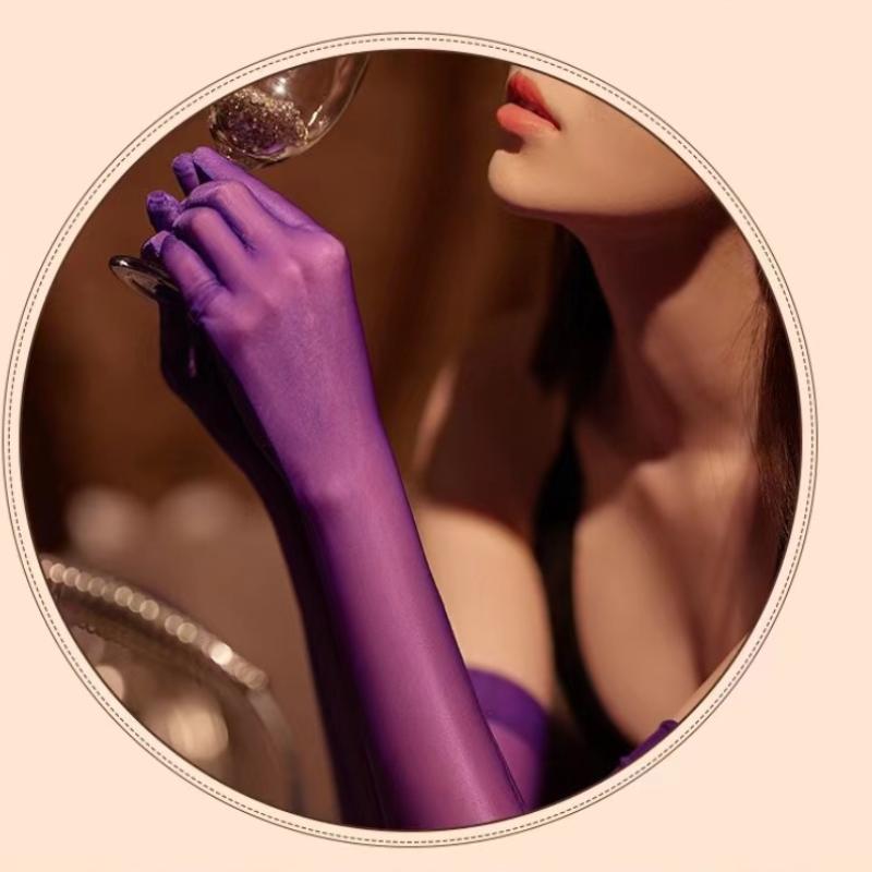Rutschfeste, glänzende, seidige Handschuhe, lange Handschuhe, Fäustlinge, sexy, ultradünn, ölglänzend, seidig, transparent, Party-Handschuh, erotisches Accessoire für Damen one size violett