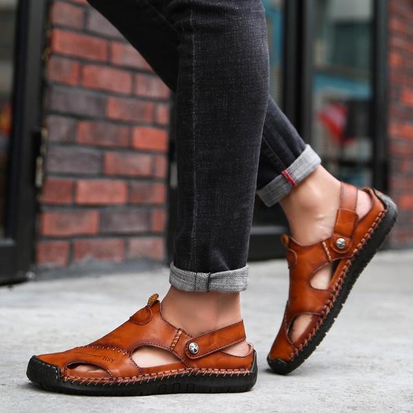 Herrenmode Freizeitschuhe Echtes Leder Sandalen Outdoor Wanderschuhe Strandsandalen Watschuhe Übergröße 45 dunkelbraune