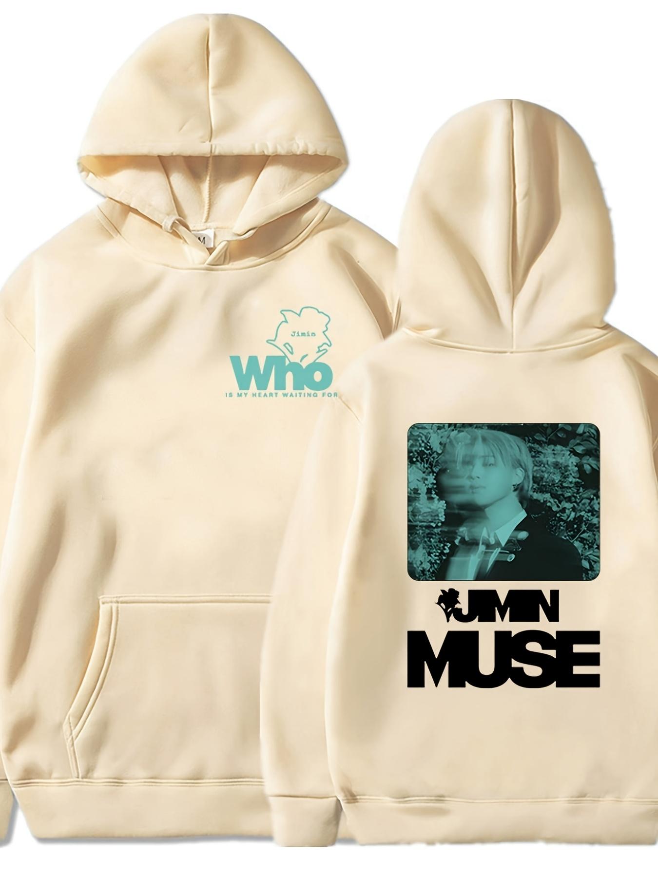 Jimin Muse Grafik Hoodie - Auf Wen Wartet Mein Herz? Aufdruck, K-Pop Fan Bekleidung mit Tasche, Lässiger Pullover Sweatshirt für Frühling Herbst XXXL grün