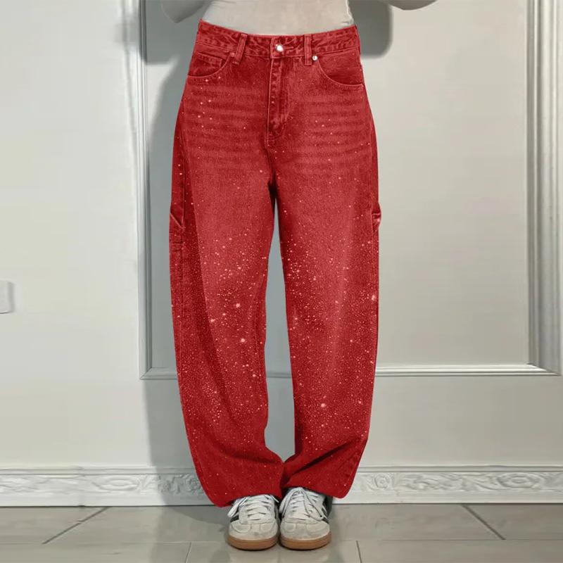 Modische Strass Damenjeans Y2K Street Super Große Glitzernde Damen Weitbein Hose Frühling Sommer Damenjeans XL rot