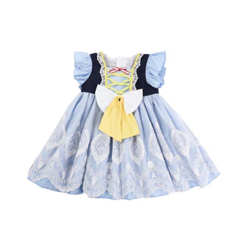 Mädchen Sommer Blaues Kleid Lolita Baby Fee Prinzessin Kleid Abendkleid Tutu Süße Schleife Spitze Stickerei Taille A-Linie Kuchenkleid 90 blau