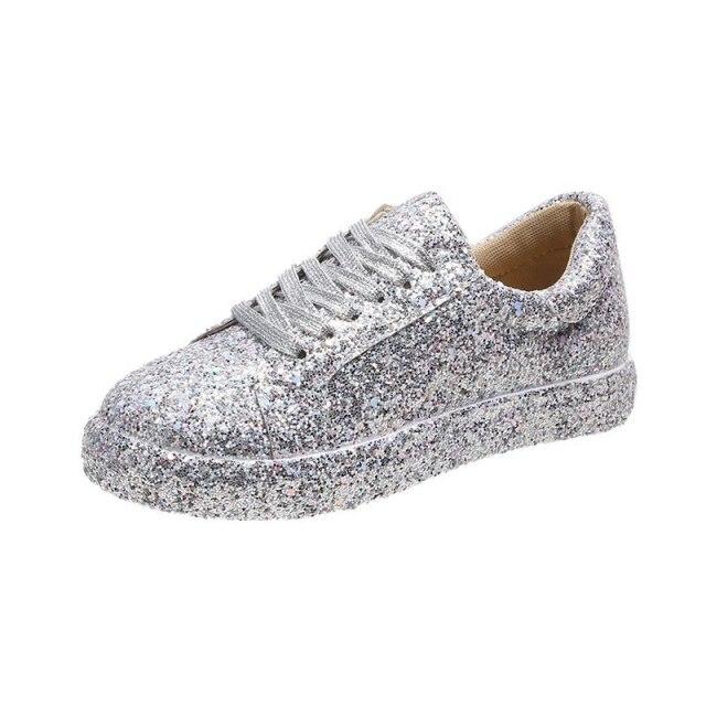 Frauen Vulkanisieren Schuhe Turnschuhe Splitter Bling Schuhe Mädchen Flache Glitter Turnschuhe Casual Weibliche Atmungsaktive Lace Up Sport Schuhe 37 silber