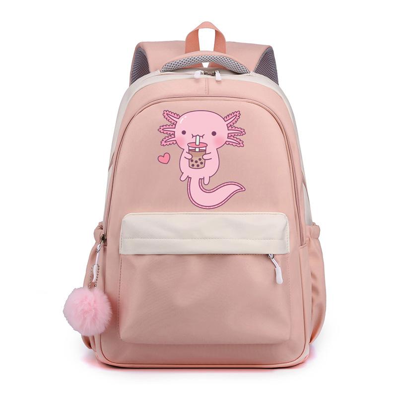 Niedliche Kawaii Axolotl Rucksäcke für Männer und Frauen Axolotl Schultasche niedlicher Cartoon Reißverschluss Rucksack große Kapazität Schultasche rosa
