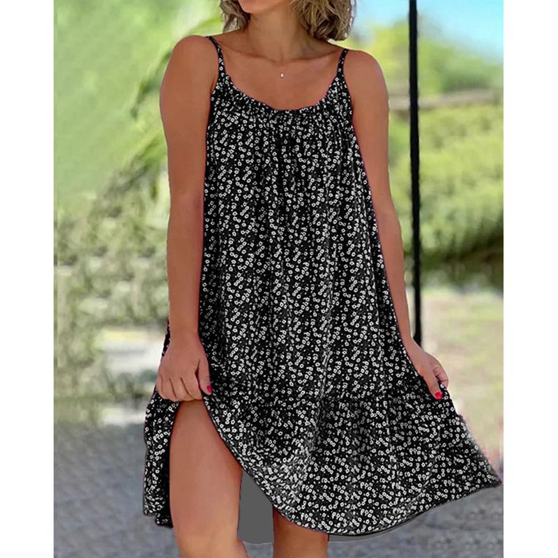 Frauen Mode Schlinge Kleid Sommer Casual Ärmellose Übergroßen Blumen Druck Party Lose Kleider Weibliche 2XL schwarz