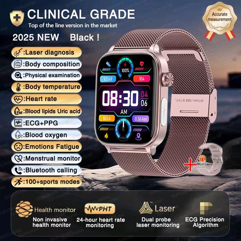 2025 Neue EKG+PPG KI Gesundheitsdiagnose Smartwatch Herren Damen Uhr Blutfett BD Harnsäure Herzfrequenz Tracker Pink-Mesh-Belt