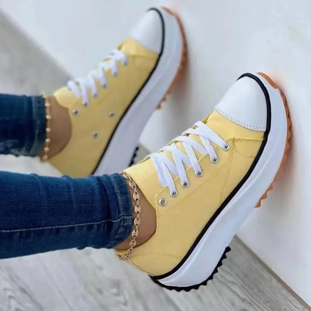 Luxusmarke Damen-Sneaker Dicksohlige Canvas-Schuhe Damen Schnür-Laufschuhe Frau Atmungsaktive Sneaker zapatillas de mujer 35 gelb