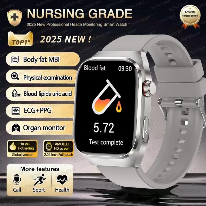 2025 Neue Blutfett Harnsäure Behandlung Smartwatch Herren EKG+PPG Herzfrequenz Sport HD Anruf Gesundheits-Tracker für Samsung Smartwatch Silver