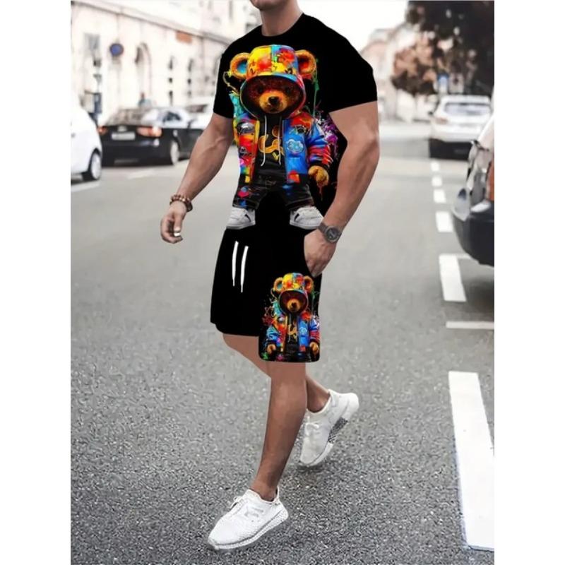 Zweiteiliger Anzug im europäischen Street-Fashion-Stil für Herren, Sommerkomfort mit einzigartig bedruckten Shorts und Kurzarmanzug für Herren 6XL