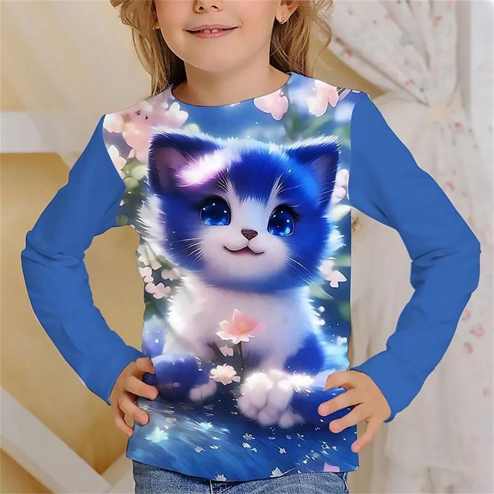 Kinder T-Shirt Kawaii Volle Ärmel T-Shirts für Mädchen Tiger Katze Niedliche Tees Kleidung 2023 Herbst Kid Top Oansatz Outdoor kleidung 130