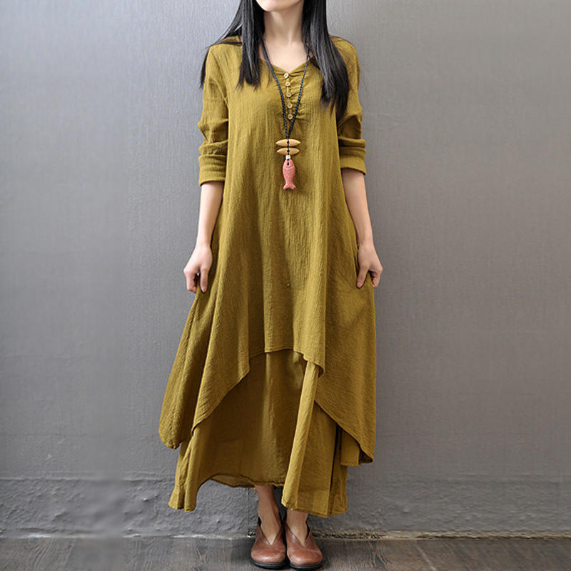 Neues Damen-Maxikleid im Vintage-Stil, einfarbig, langärmelig, V-Ausschnitt, Taschen, Tunika, Kaftan XXXL gelb