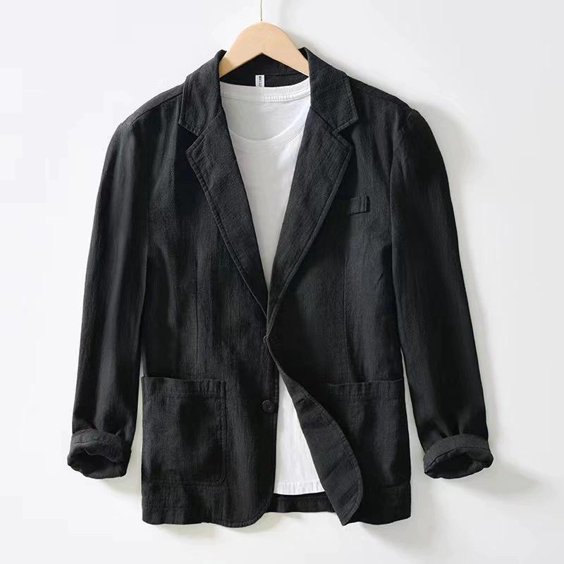 Herrenanzug Casual Einlagige Jacke Unifarben Baumwolle Leinen Casual Mode Herrenoberteil M schwarz